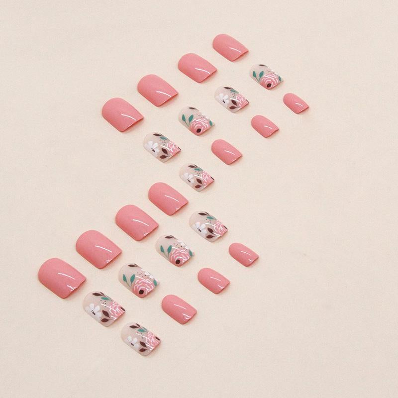 Short Floral Pattern Square Fake Nails, 24Pcs False Press on Nails & 1 Sheet Jelly Sticker & 1 Nail File for Women Nail Art, Elegant Stick on Nails Kit, Nail Extensions