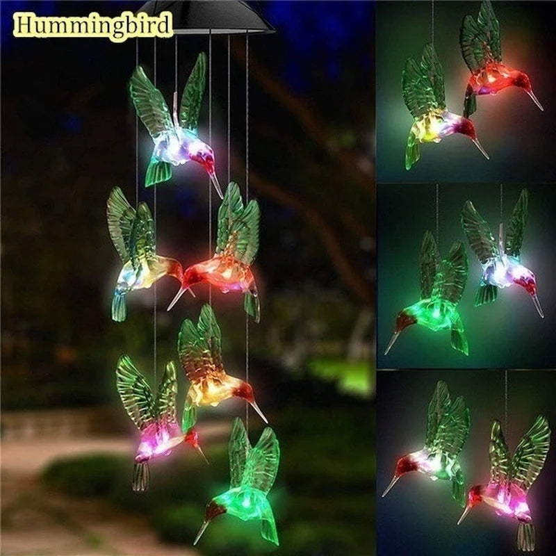 LED Solar Wind Chime Crystal Ball Hummingbird Wind Chime Light Color Changing Waterproof Hanging Solar Light for Home Garden