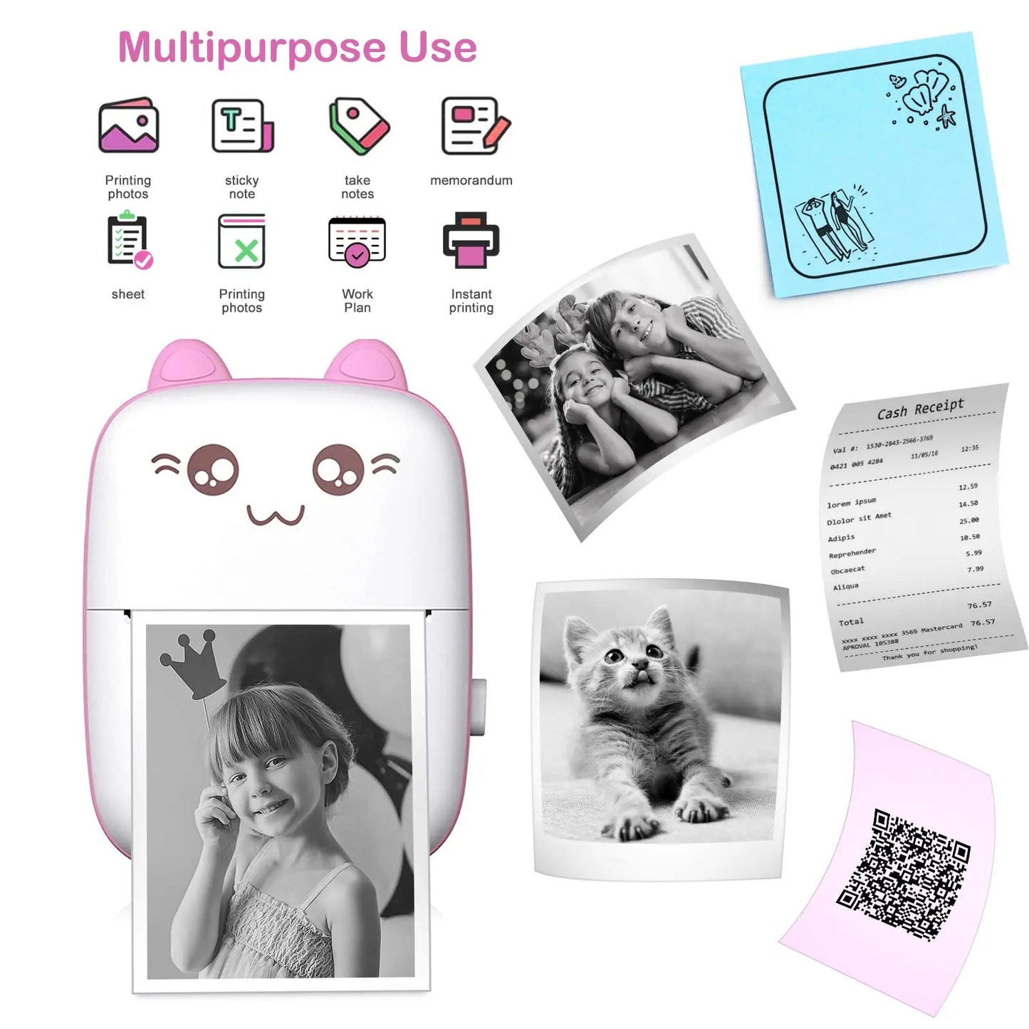 58Mm Mini Portable Thermal Printer Cat Shapes Lightweight Wireless Photo Label Memo Wrong Question Printing USB Cable Printer