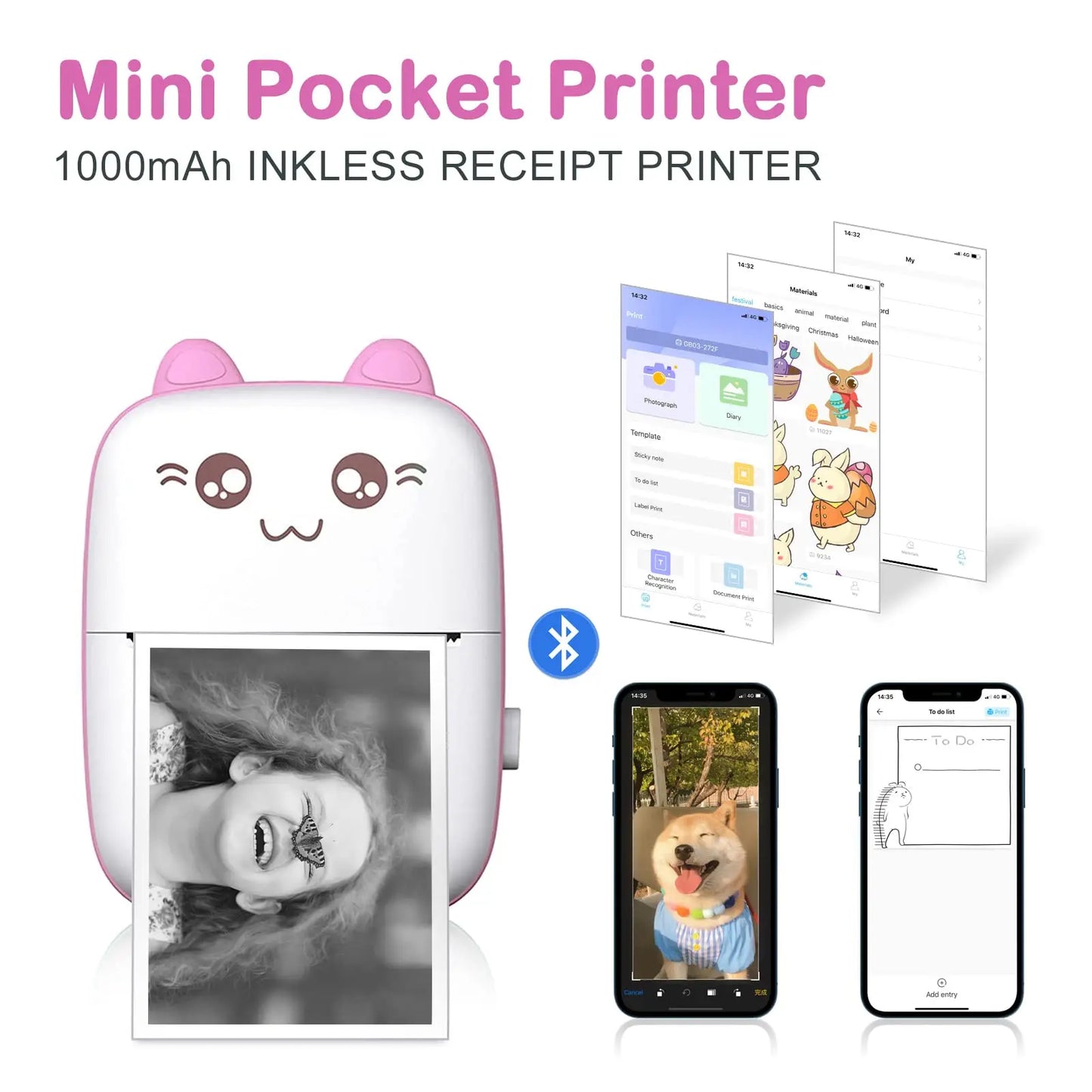 58Mm Mini Portable Thermal Printer Cat Shapes Lightweight Wireless Photo Label Memo Wrong Question Printing USB Cable Printer