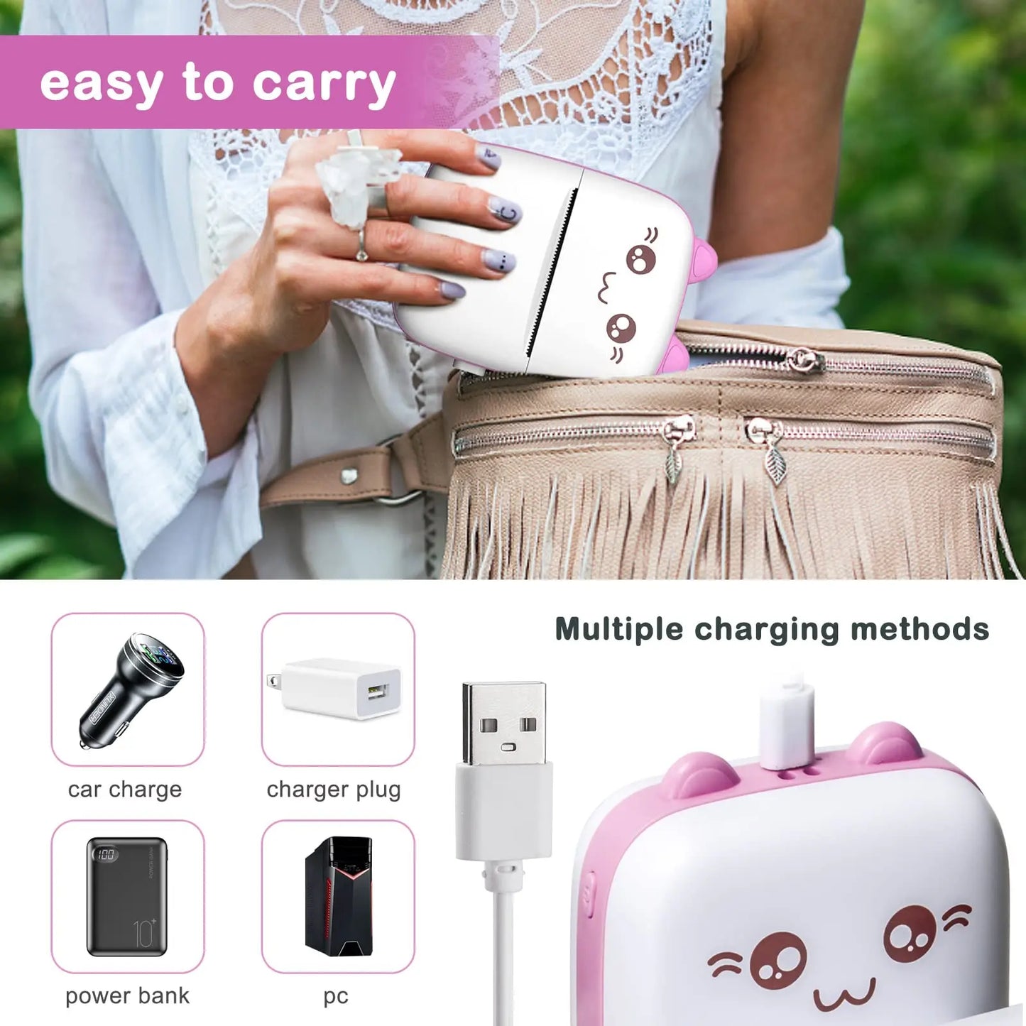 58Mm Mini Portable Thermal Printer Cat Shapes Lightweight Wireless Photo Label Memo Wrong Question Printing USB Cable Printer