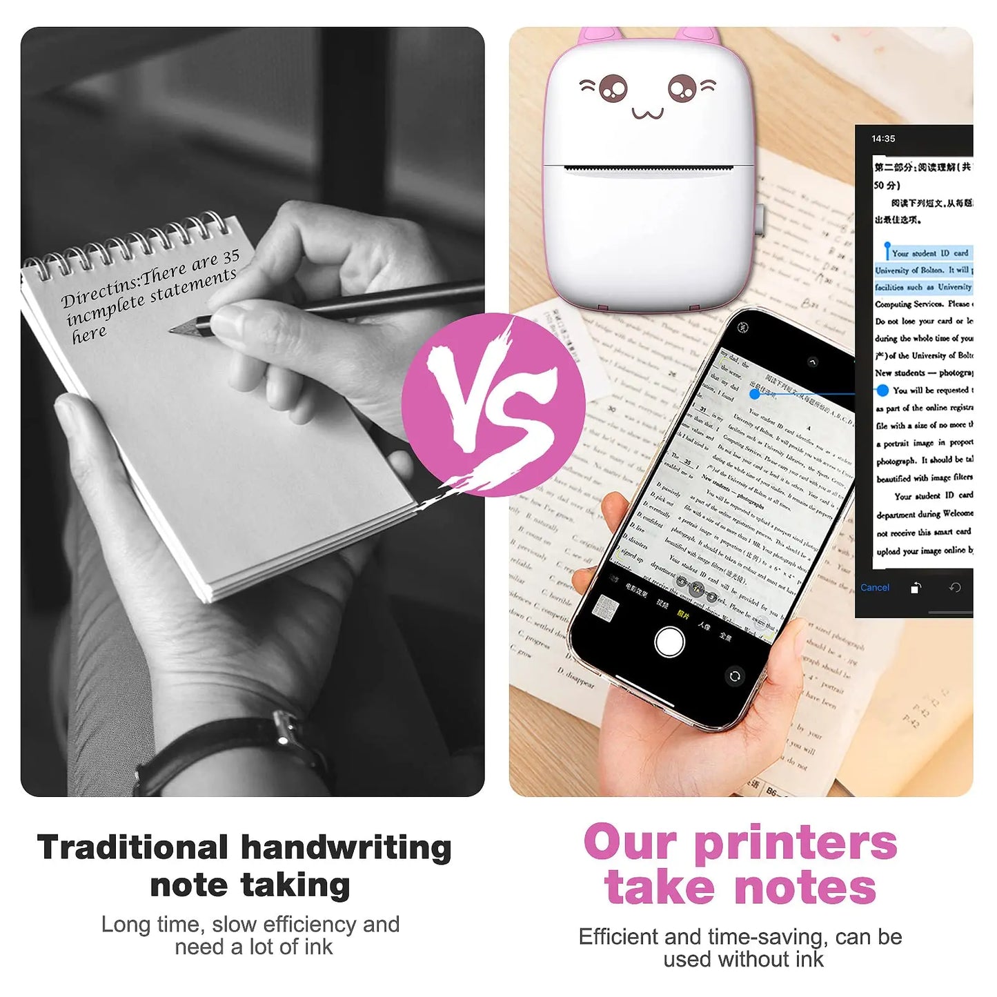 58Mm Mini Portable Thermal Printer Cat Shapes Lightweight Wireless Photo Label Memo Wrong Question Printing USB Cable Printer