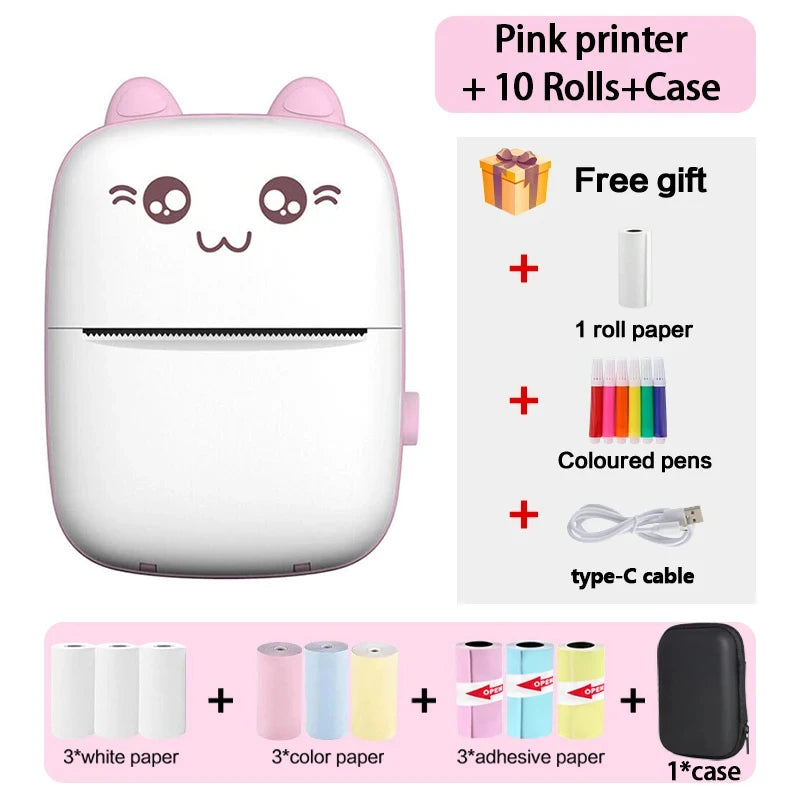 58Mm Mini Portable Thermal Printer Cat Shapes Lightweight Wireless Photo Label Memo Wrong Question Printing USB Cable Printer