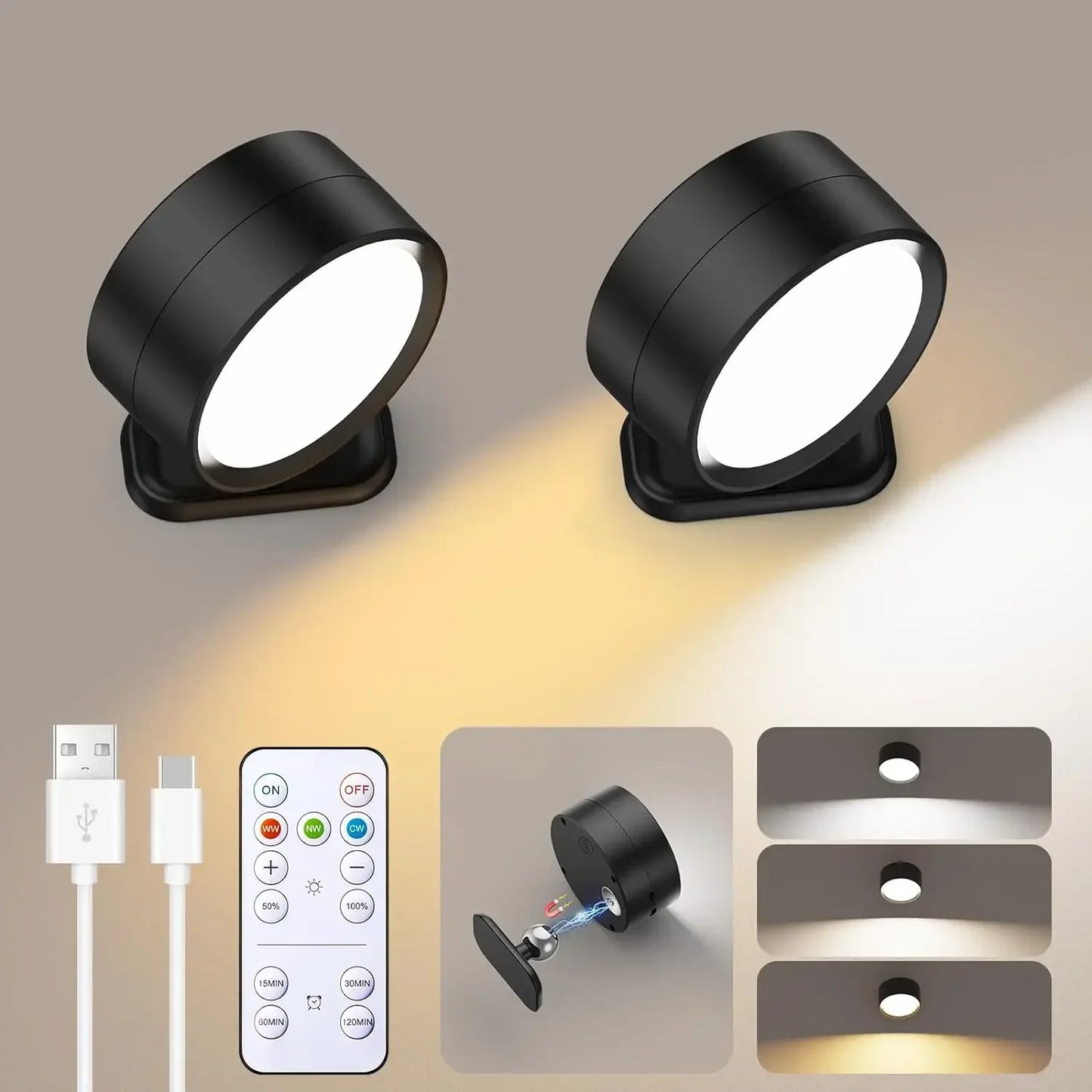 LED Wall Sconces Light, 3 Brightness Levels 3 Color Modes Wall Lights Battery Operated 360° Rotatable Touch Control Wall Lamp