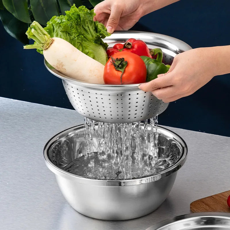 Kitchen Multipurpose Grater with Drain Basket 3 in 1 Multifunctional Stainless Steel Basin Vegetable Cutter Salad Maker Bowl