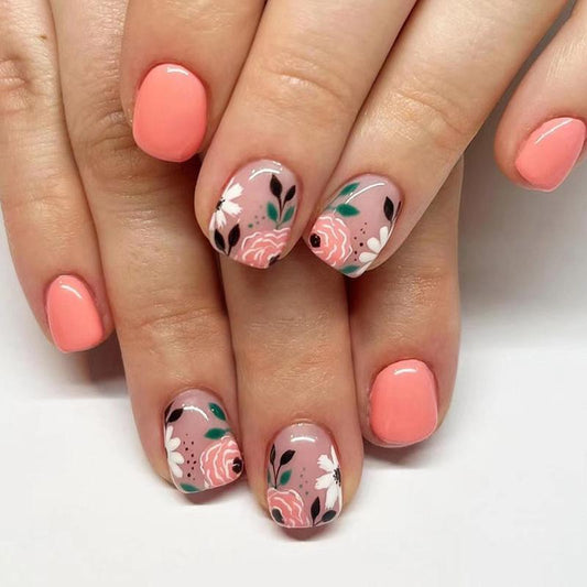 Short Floral Pattern Square Fake Nails, 24Pcs False Press on Nails & 1 Sheet Jelly Sticker & 1 Nail File for Women Nail Art, Elegant Stick on Nails Kit, Nail Extensions