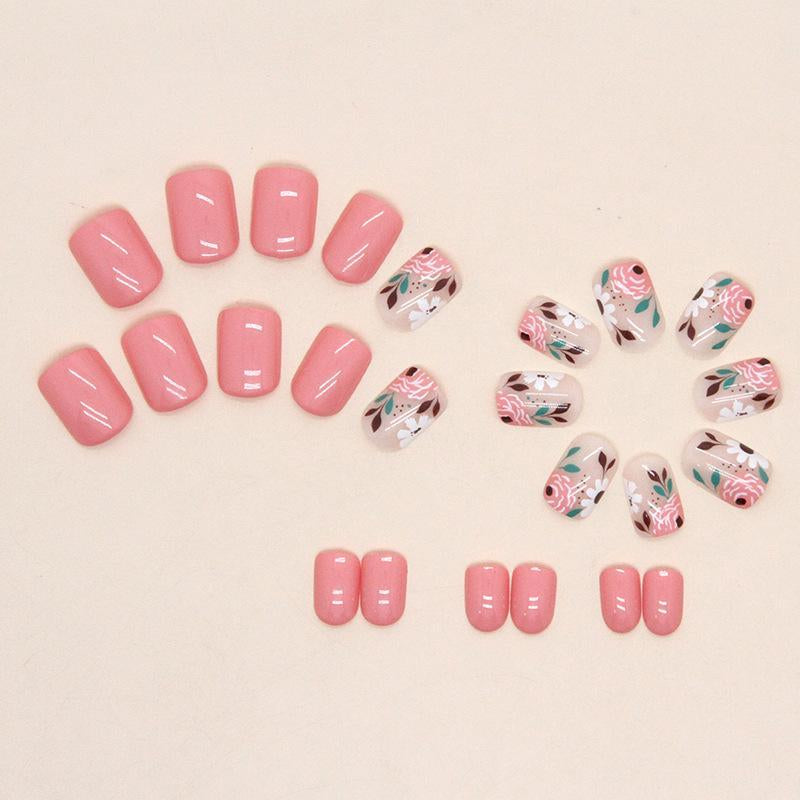 Short Floral Pattern Square Fake Nails, 24Pcs False Press on Nails & 1 Sheet Jelly Sticker & 1 Nail File for Women Nail Art, Elegant Stick on Nails Kit, Nail Extensions