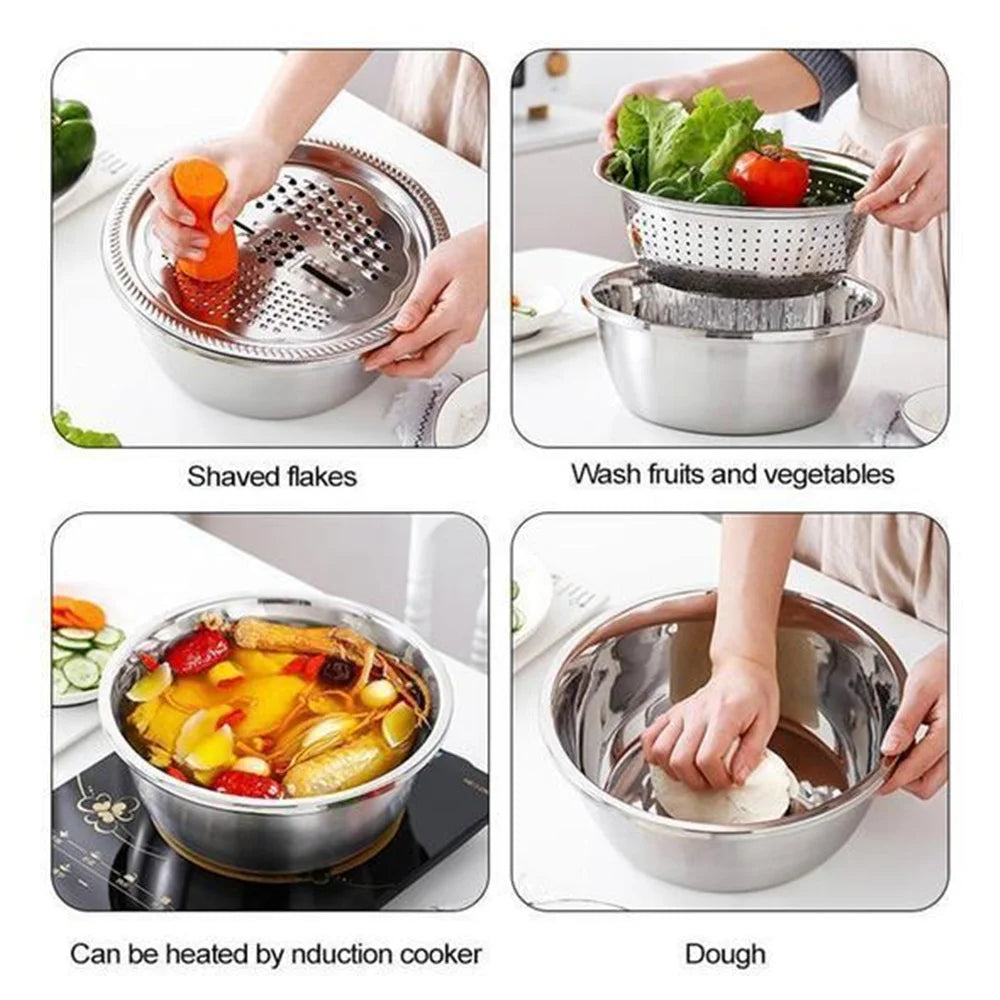 Kitchen Multipurpose Grater with Drain Basket 3 in 1 Multifunctional Stainless Steel Basin Vegetable Cutter Salad Maker Bowl