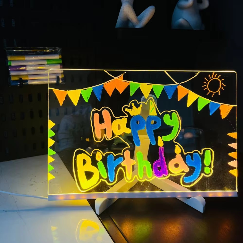 LED Note Board Night Light with Colorful 7 Pens DIY Acrylic Message Board Erasable Painting Drawing Board for Kids Birthday Gift