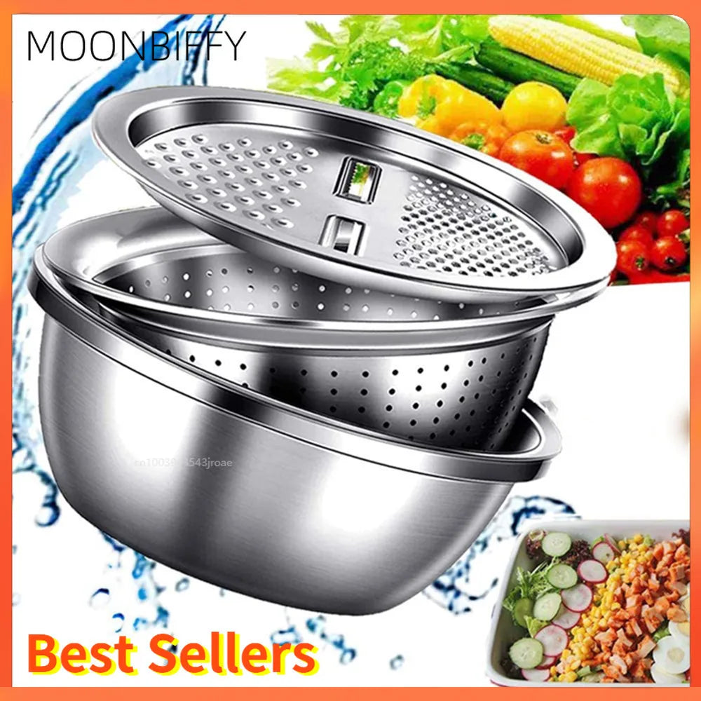 Kitchen Multipurpose Grater with Drain Basket 3 in 1 Multifunctional Stainless Steel Basin Vegetable Cutter Salad Maker Bowl