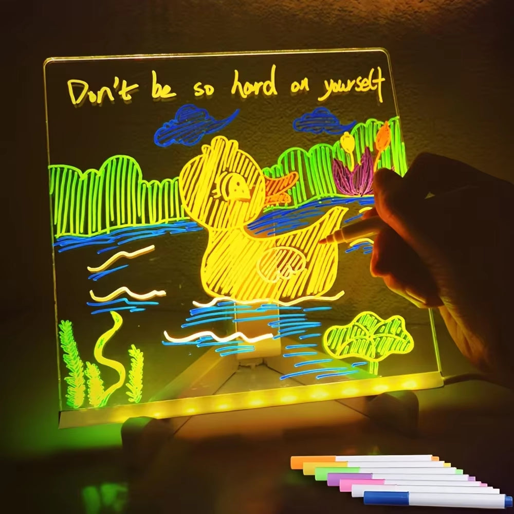 LED Note Board Night Light with Colorful 7 Pens DIY Acrylic Message Board Erasable Painting Drawing Board for Kids Birthday Gift