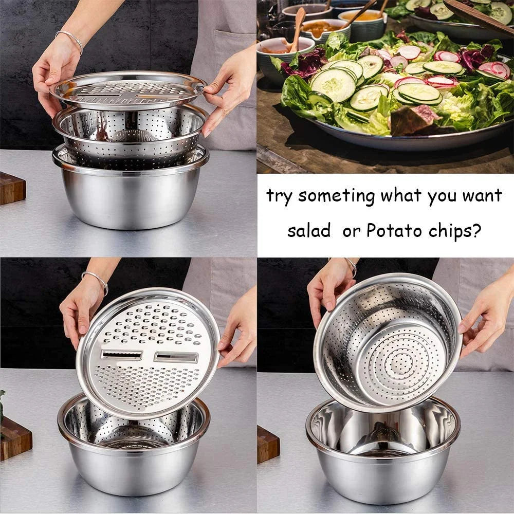Kitchen Multipurpose Grater with Drain Basket 3 in 1 Multifunctional Stainless Steel Basin Vegetable Cutter Salad Maker Bowl
